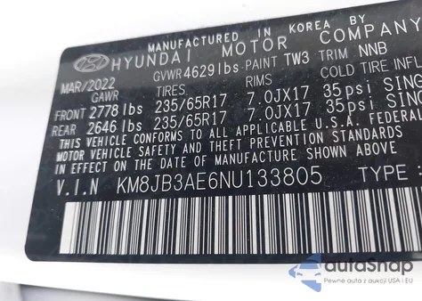 2022 Hyundai Tucson Sel from USA, damaged, VIN KM8JB3AE6NU133805